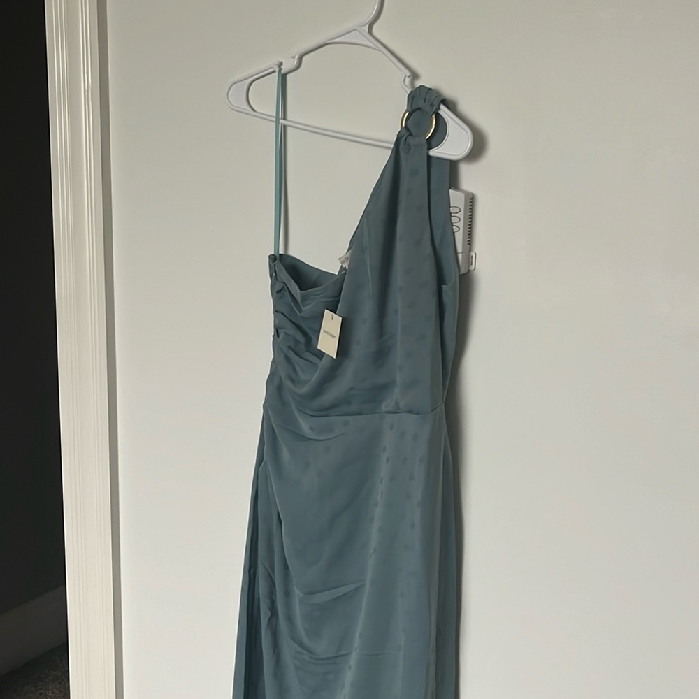Favorite Daughter The Singles Table Blue Slate Polka Dot One-Shoulder Dress, new - Picture 3 of 9